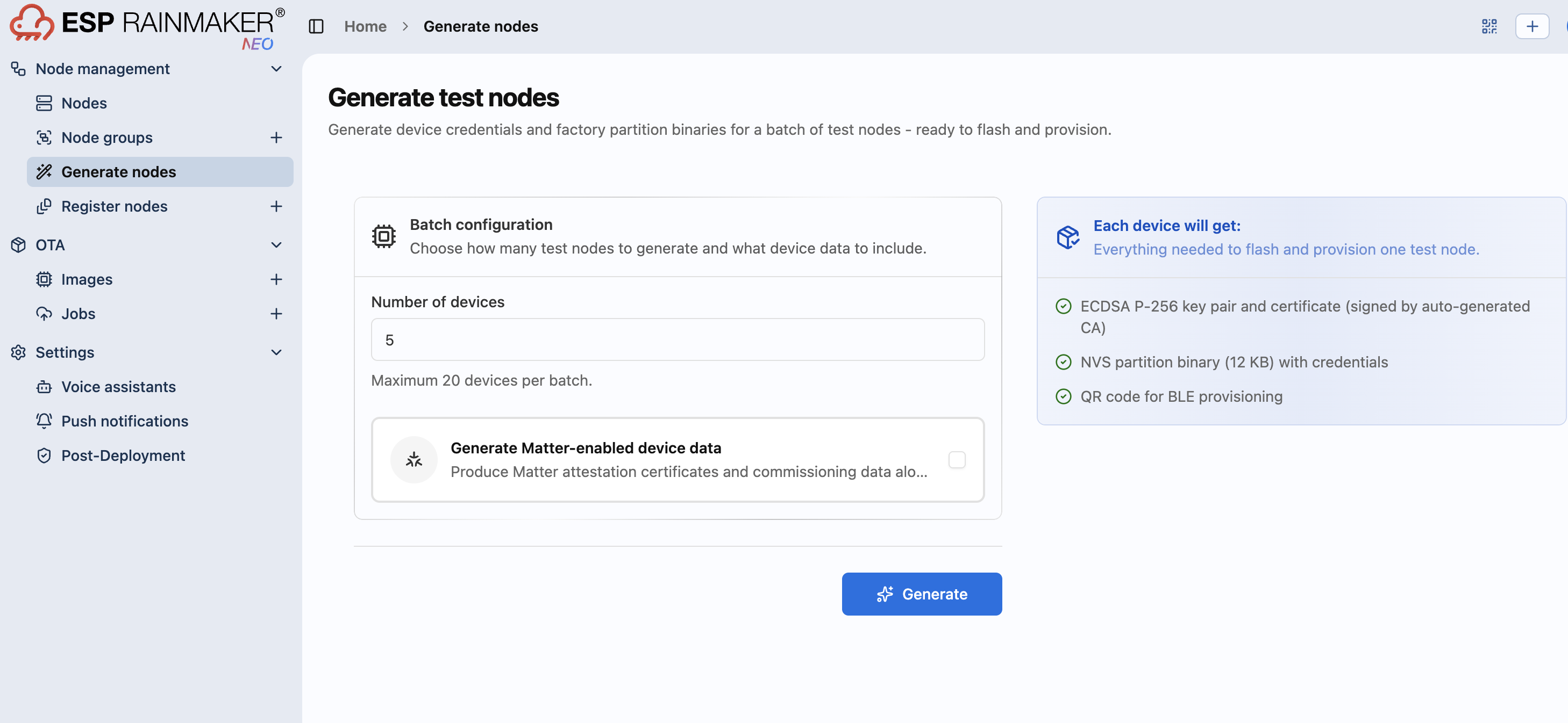 Generate test nodes form, with batch configuration and a summary of what each device gets