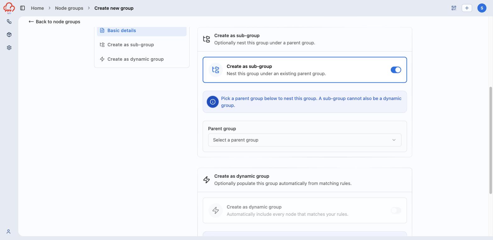 Sub-group toggle on, with the parent group picker and the dynamic toggle disabled