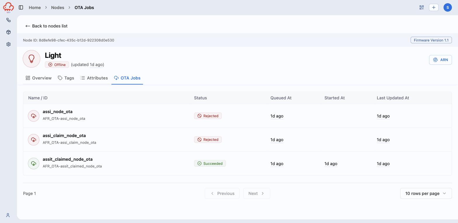 A node's OTA Jobs tab, with the Firmware Version badge in the header