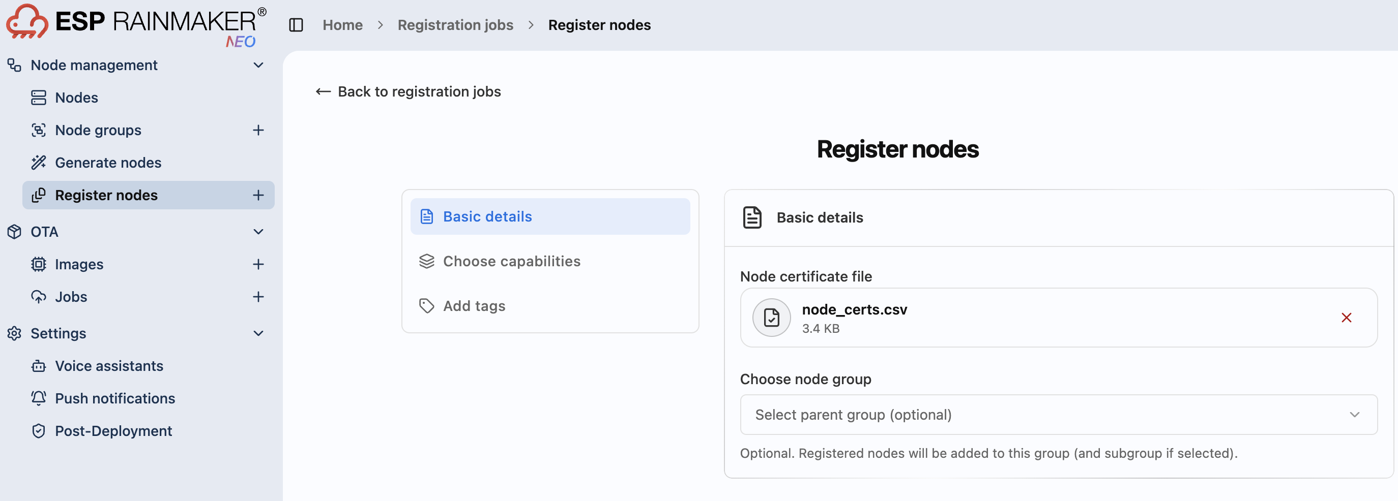 Register nodes — Basic details, with node_certs.csv uploaded and the optional node group picker