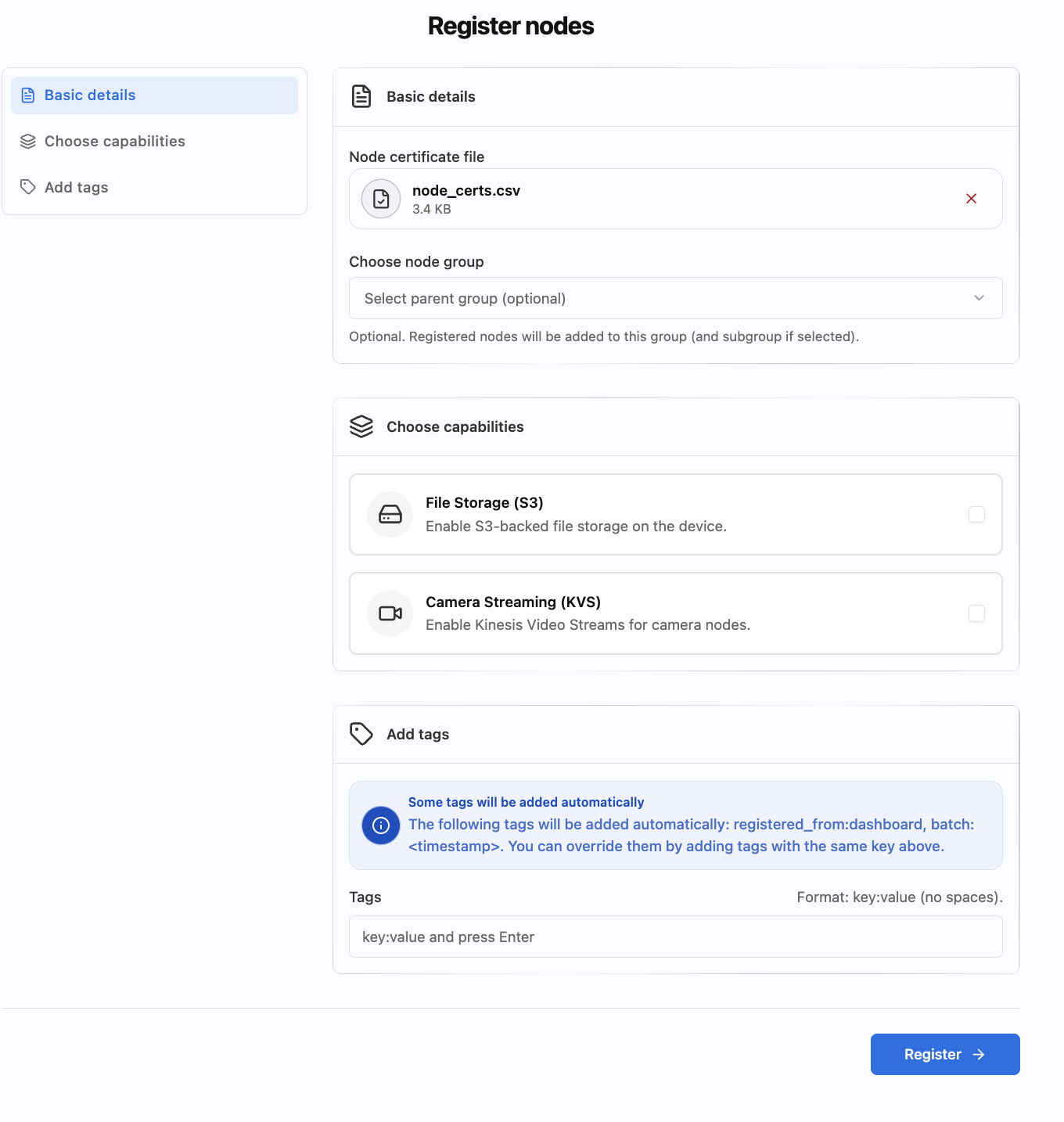 Register nodes — full wizard with Basic details, Choose capabilities, and Add tags, and the Register button
