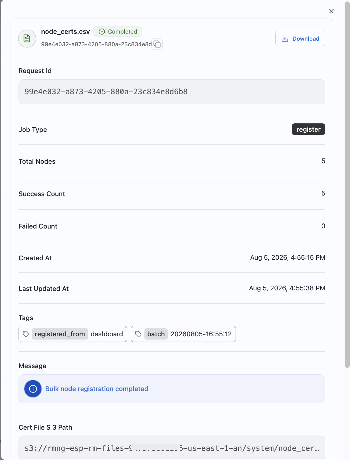 Registration job details for a single job, showing its request ID, counts, tags, and cert file S3 path