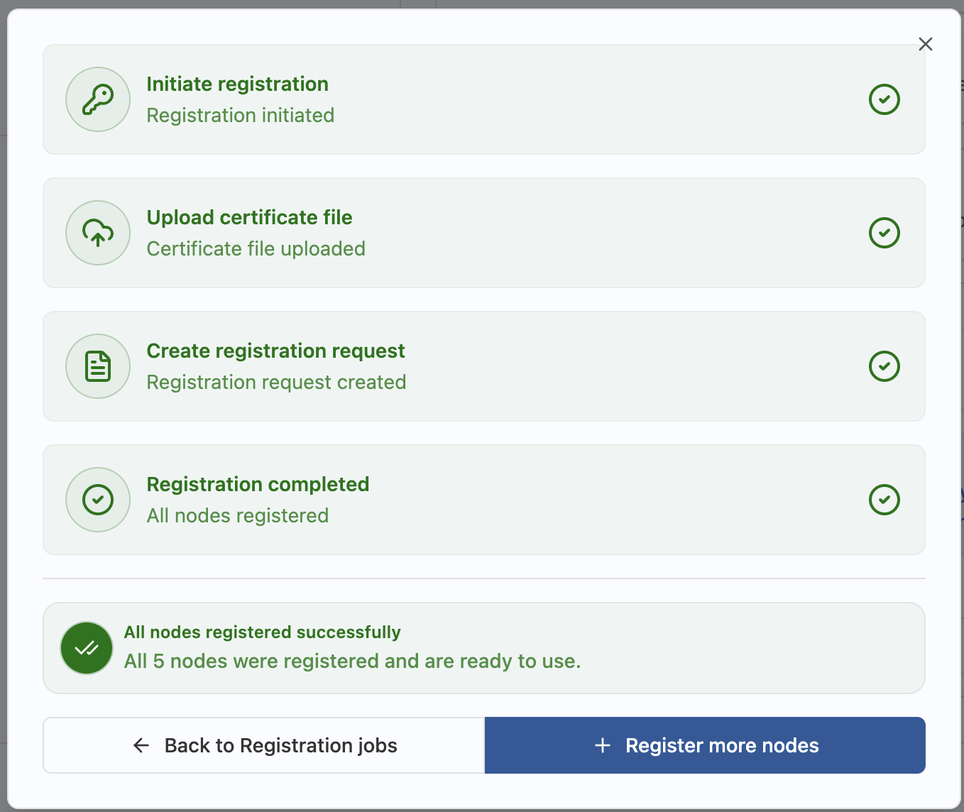 Registration progress popup, completed, with all nodes registered successfully