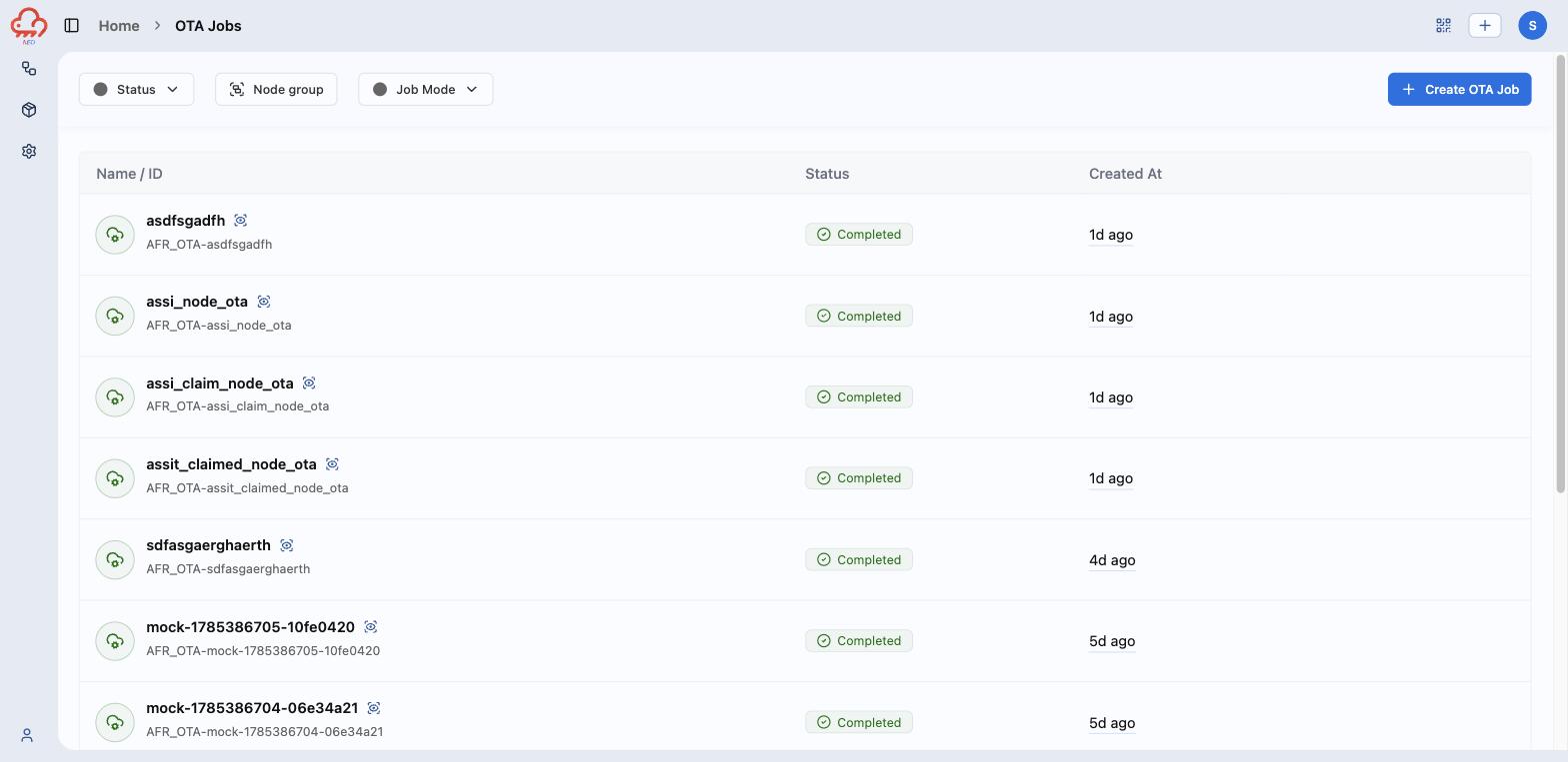 The OTA Jobs list, with the Create OTA Job button