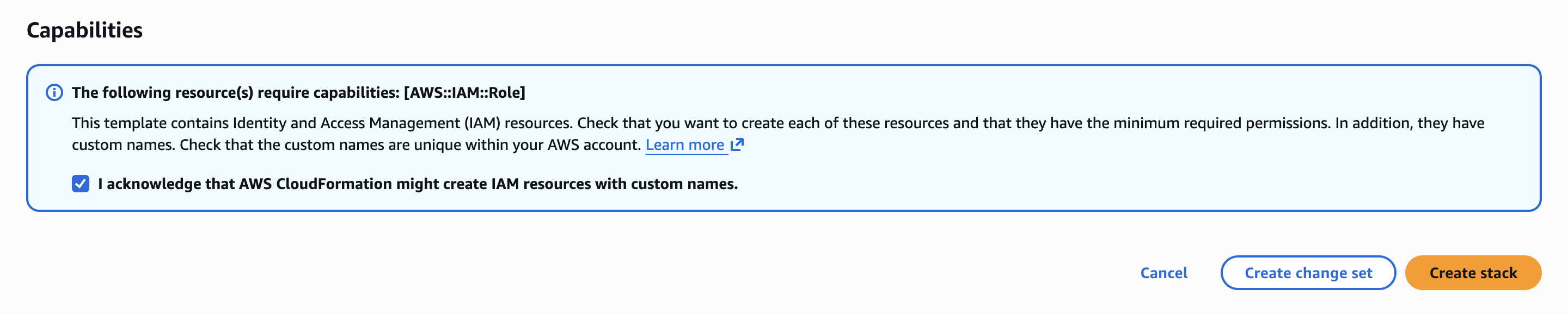 Tick the IAM acknowledgement, then choose Create stack