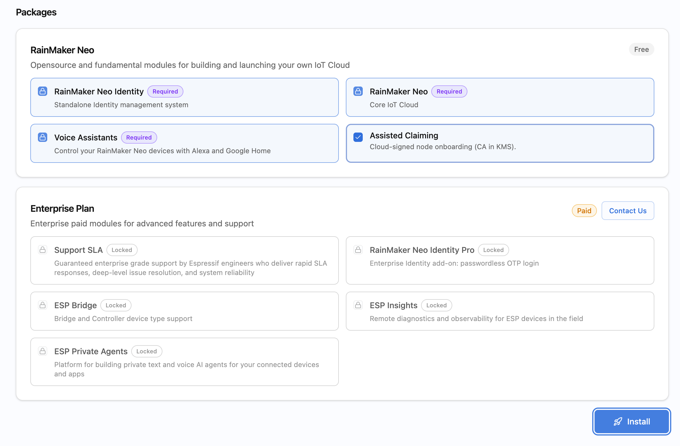 The RainMaker Neo package with its Required modules and the optional Assisted Claiming