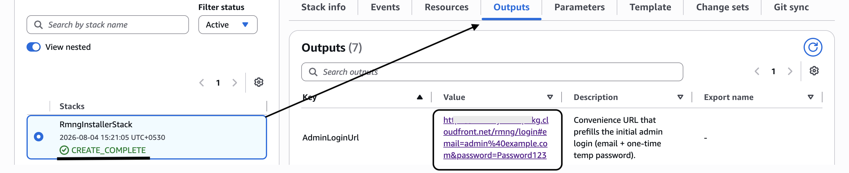 Open the Outputs tab and follow AdminLoginUrl