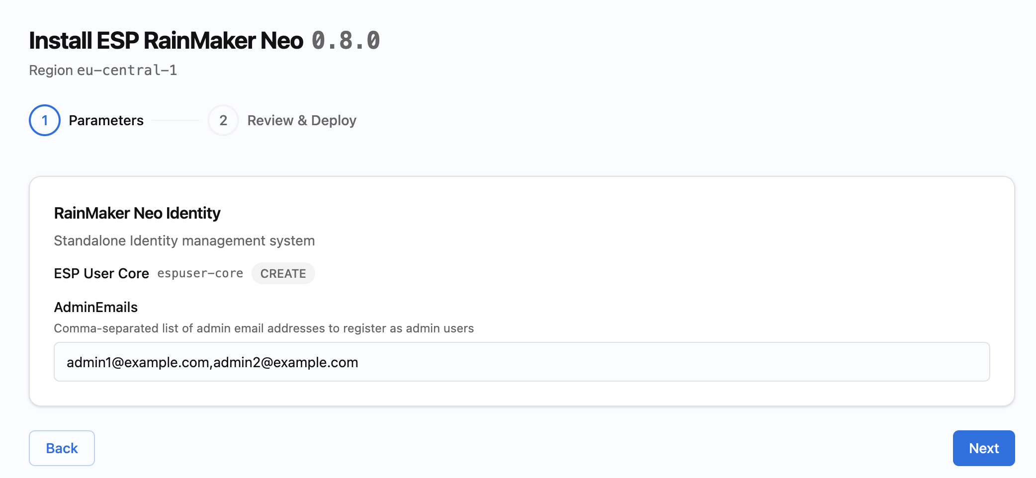 The Parameters step with AdminEmails filled in on ESP User Core