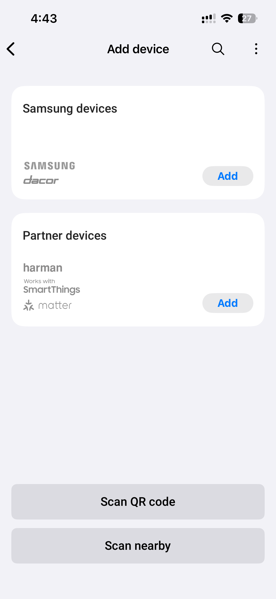 SmartThings Add device screen with the Partner devices section