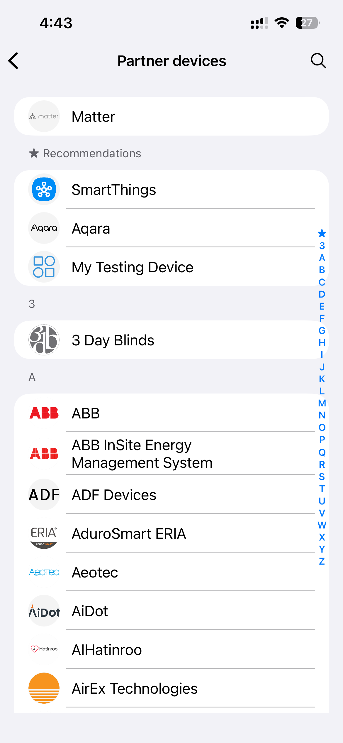 Partner devices list with the test connector under Recommendations
