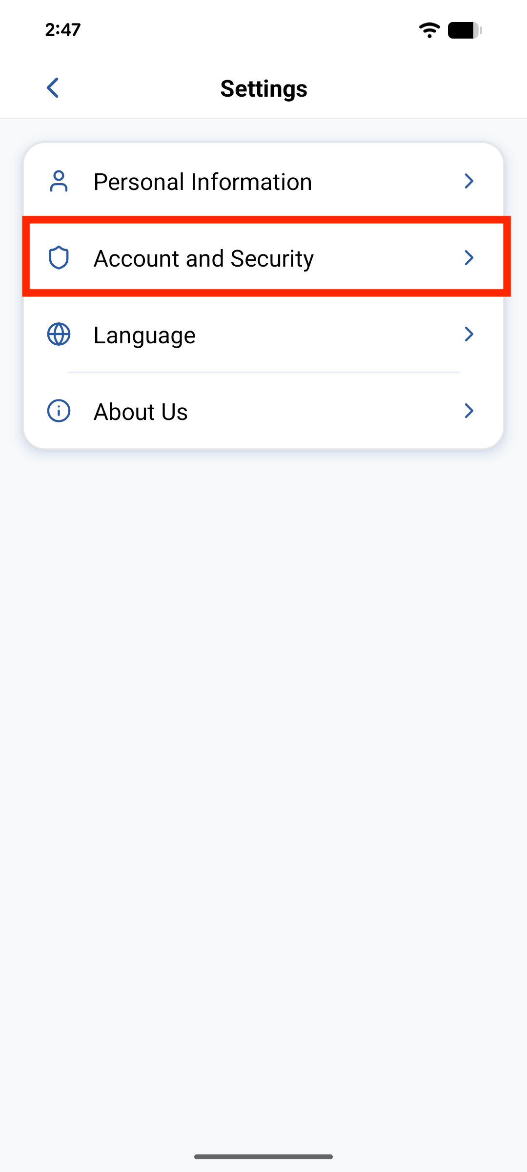 Open Account and Security from User settings