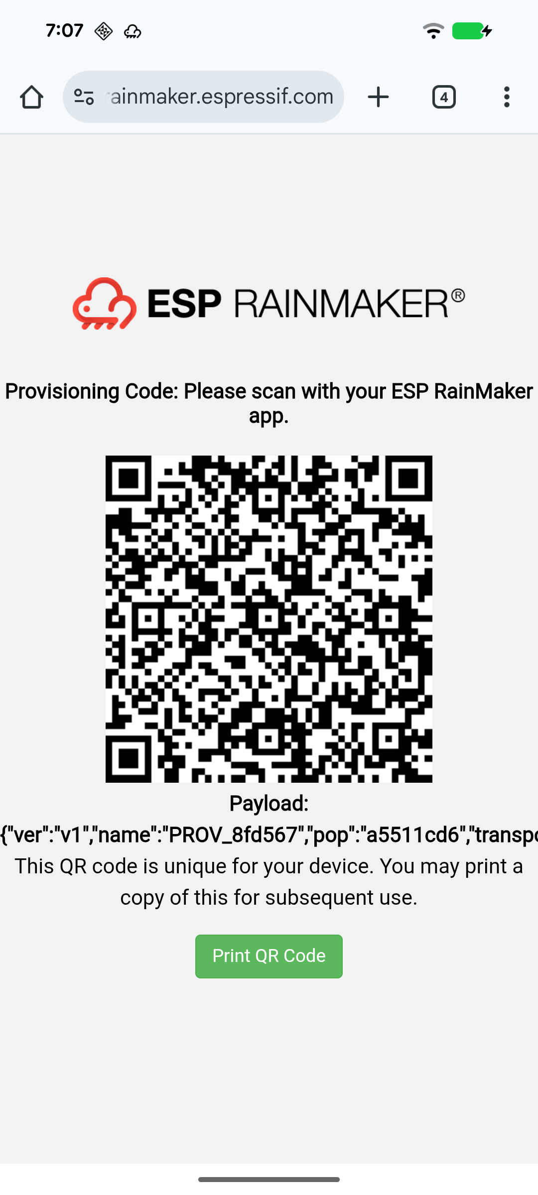 Camera view ready to scan a device QR code