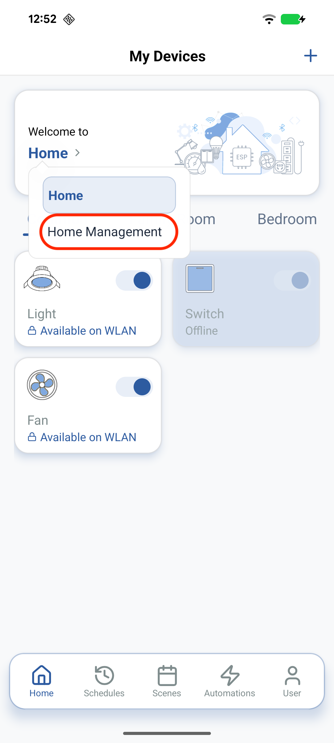 Open Home Management from the home name