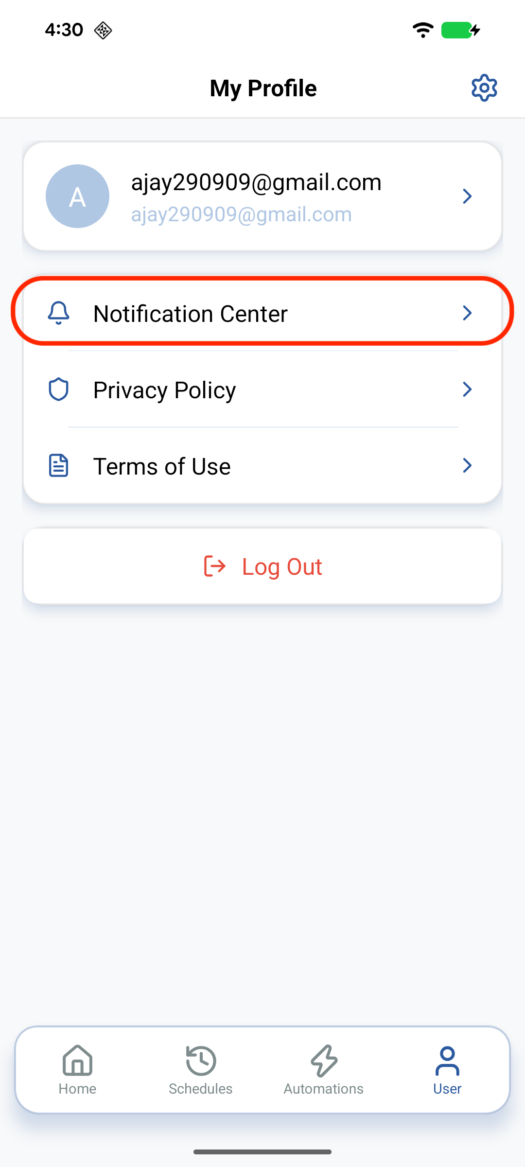 Notification Center entry on User