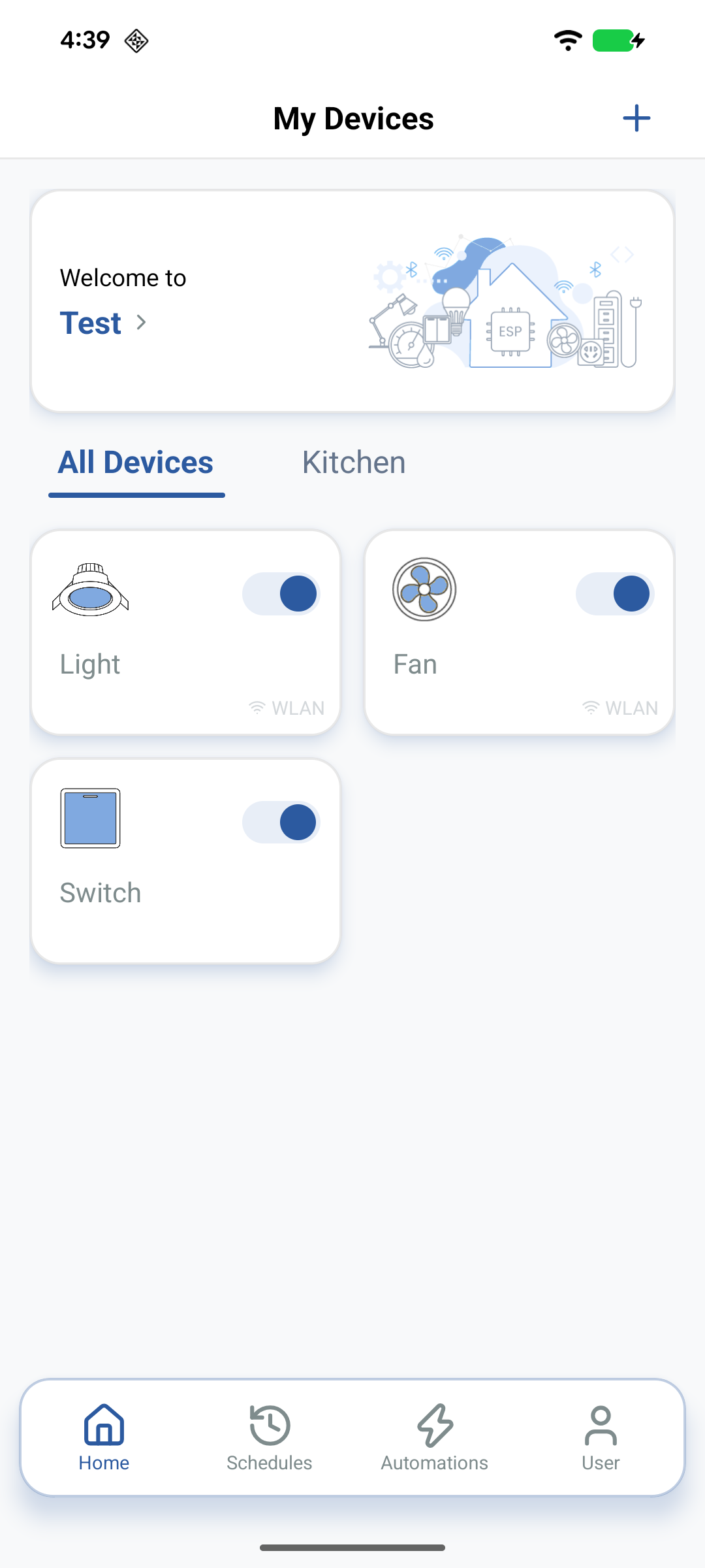 Device control screen with Settings icon