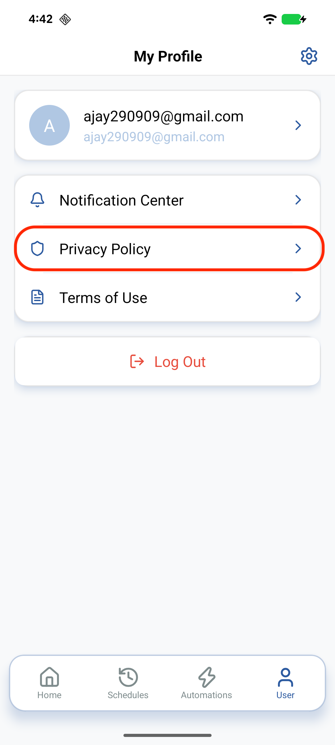 Privacy Policy entry on User
