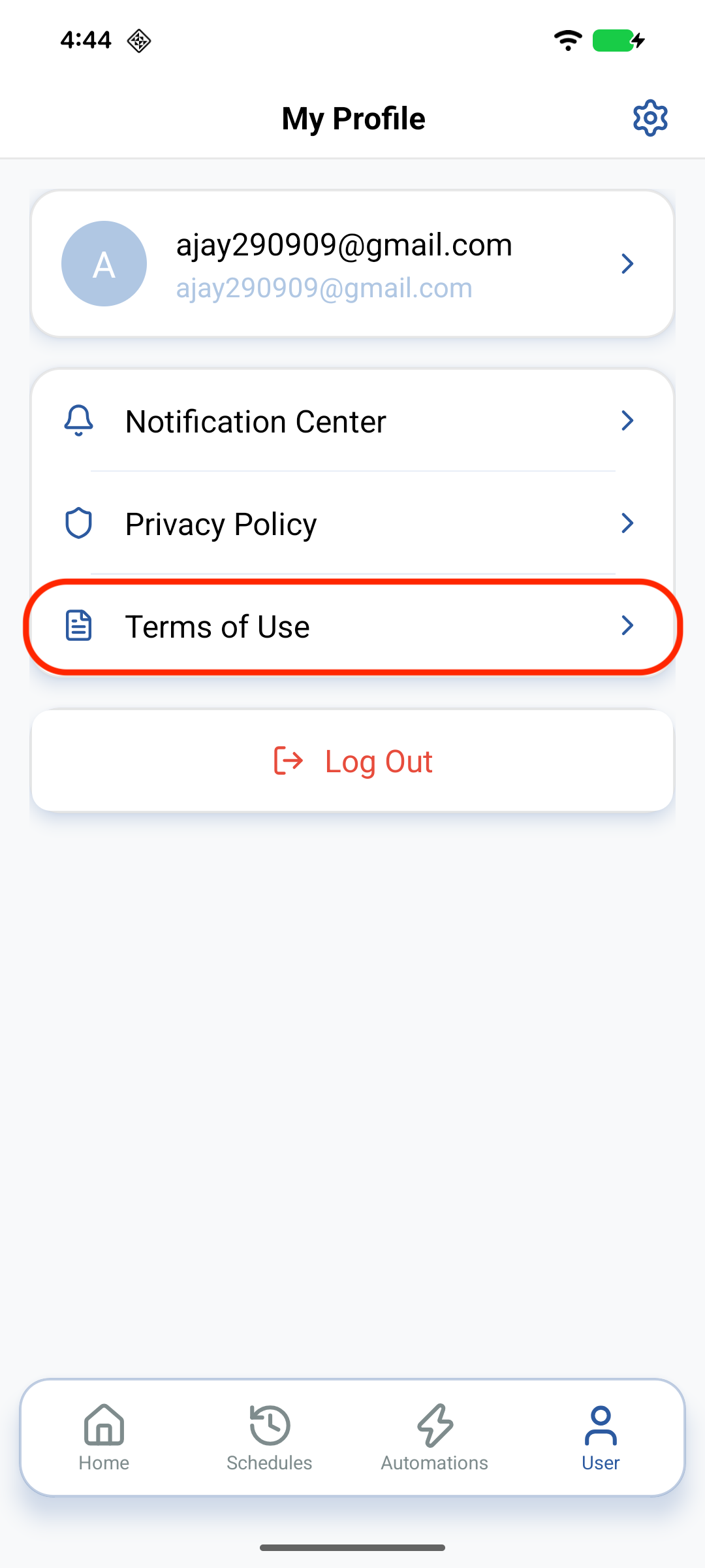 Terms of Use entry on User