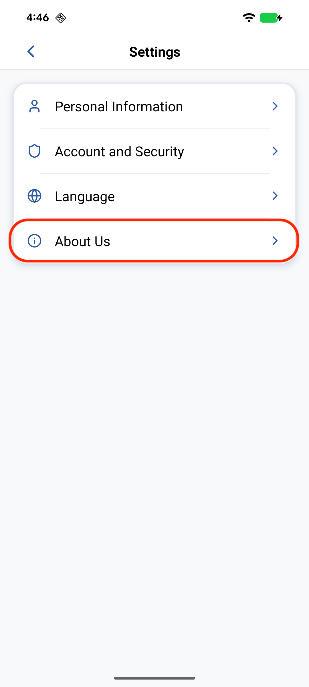 About Us entry in Settings