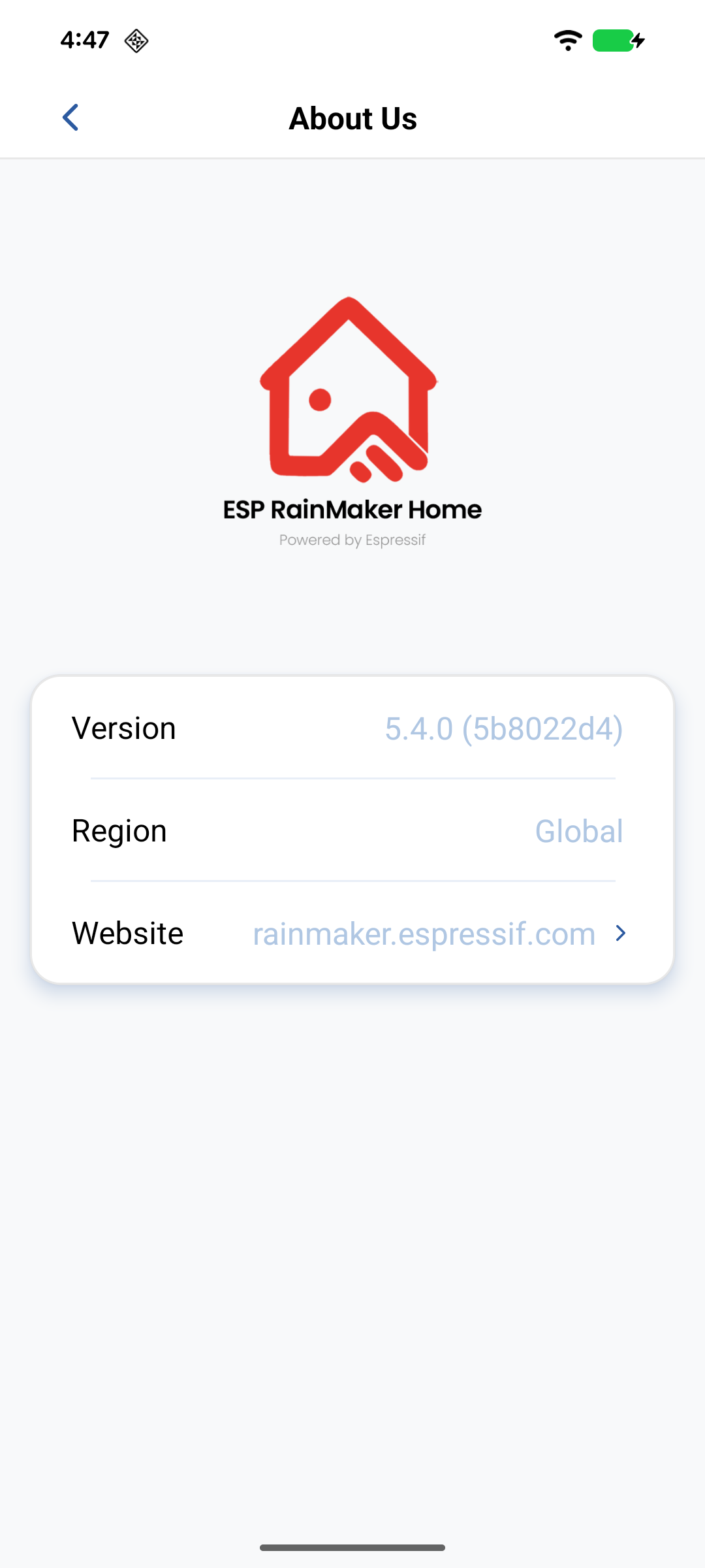 About Us with app version