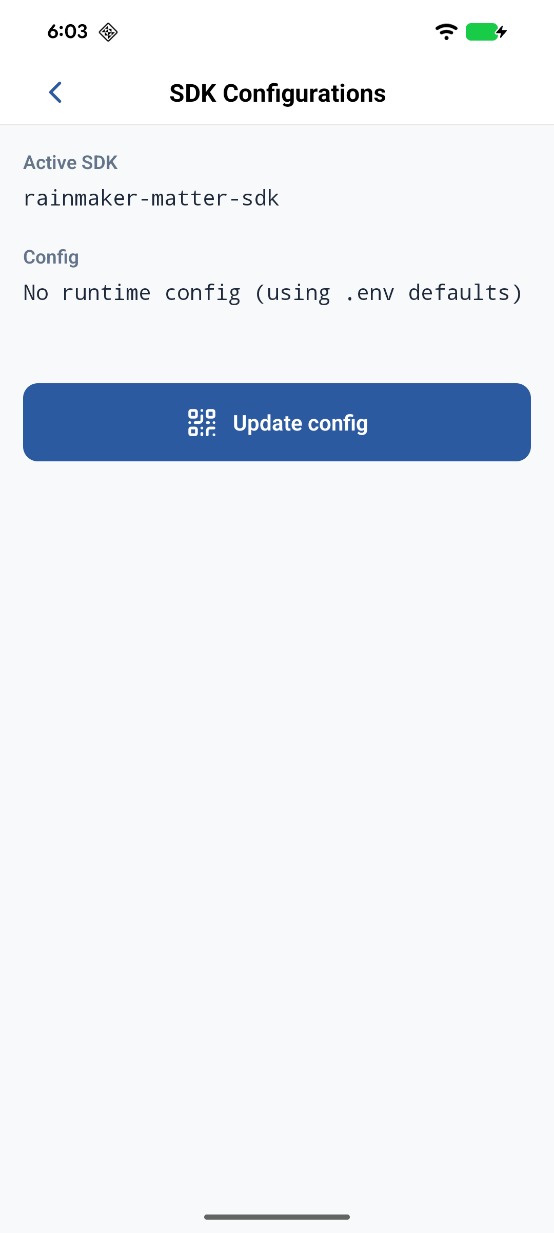 SDK Configurations — tap Update config to scan the QR