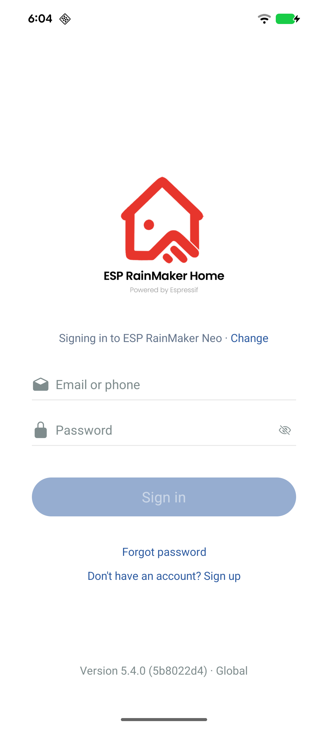 Login screen for ESP RainMaker Neo — tap Change to return to landing
