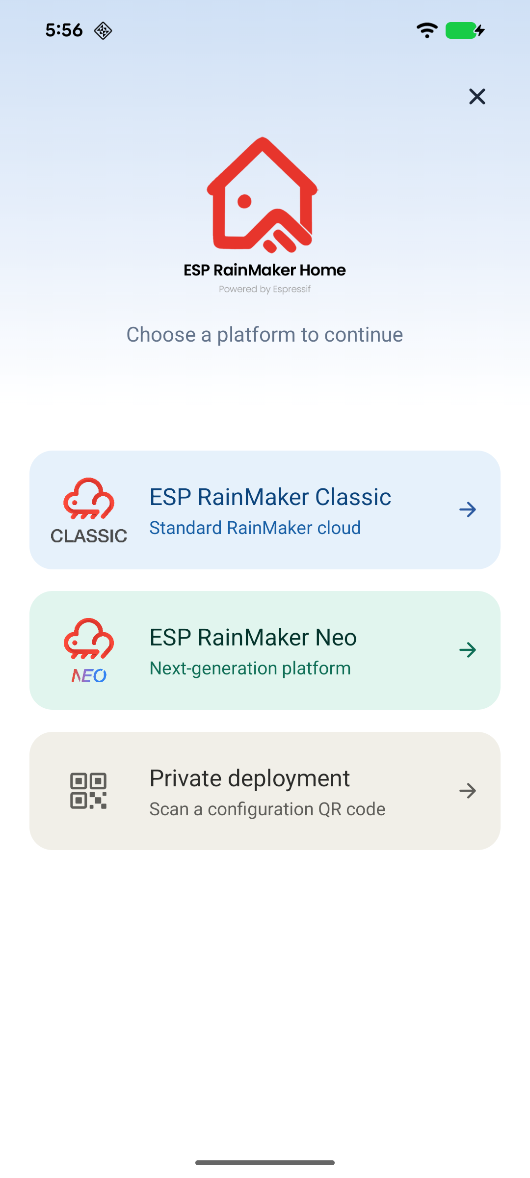 Landing screen — ESP RainMaker Neo or Private deployment